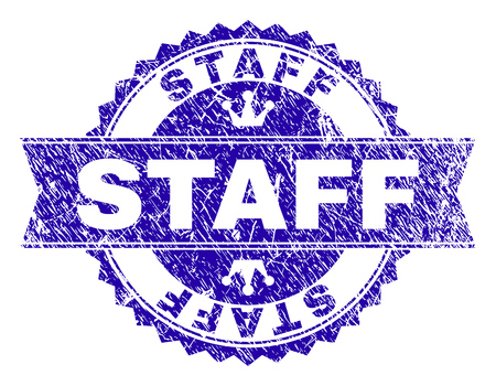 STAFF rosette seal imitation with distress style. Designed with round rosette, ribbon and small crowns. Blue vector rubber watermark of STAFF caption with dirty style.のイラスト素材