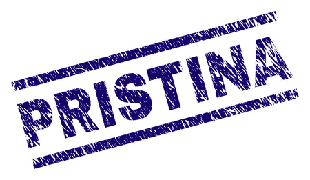 PRISTINA seal print with grunge style. Blue vector rubber print of PRISTINA label with grunge texture. Text title is placed between parallel lines.のイラスト素材