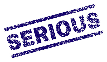 SERIOUS seal print with distress style. Blue vector rubber print of SERIOUS title with corroded texture. Text title is placed between parallel lines.のイラスト素材