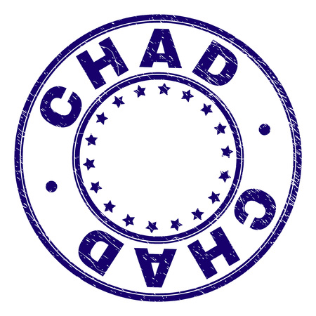 CHAD stamp seal imprint with grunge texture. Designed with round shapes and stars. Blue vector rubber print of CHAD label with dirty texture.のイラスト素材