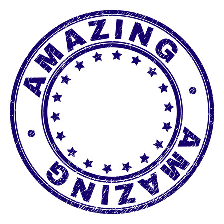 AMAZING stamp seal imprint with distress texture. Designed with circles and stars. Blue vector rubber print of AMAZING title with unclean texture.のイラスト素材