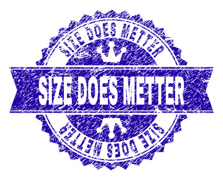 SIZE DOES METTER rosette seal watermark with grunge style. Designed with round rosette, ribbon and small crowns. Blue vector rubber print of SIZE DOES METTER caption with grunge style.のイラスト素材