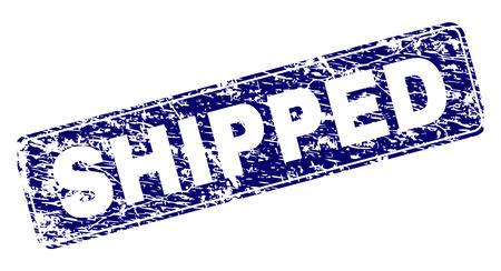 SHIPPED stamp seal print with distress style. Seal shape is a rounded rectangle with frame. Blue vector rubber print of SHIPPED tag with dirty style.のイラスト素材