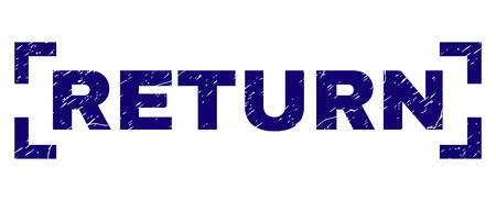 RETURN caption seal stamp with corroded texture. Text caption is placed between corners. Blue vector rubber print of RETURN with scratched texture.のイラスト素材