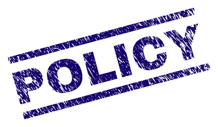 POLICY seal print with scratced style. Blue vector rubber print of POLICY text with corroded texture. Text tag is placed between parallel lines.のイラスト素材