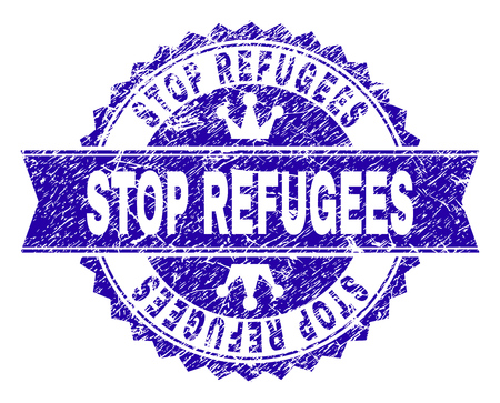 STOP REFUGEES rosette stamp seal watermark with distress texture. Designed with round rosette, ribbon and small crowns. Blue vector rubber watermark of STOP REFUGEES caption with dirty texture.のイラスト素材