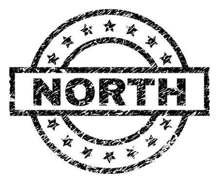 NORTH stamp seal watermark with distress style. Designed with rectangle, circles and stars. Black vector rubber print of NORTH caption with dirty texture.のイラスト素材