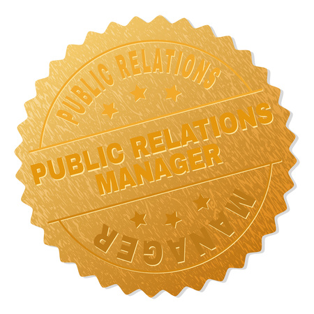 PUBLIC RELATIONS MANAGER gold stamp award. Vector golden medal with PUBLIC RELATIONS MANAGER text. Text labels are placed between parallel lines and on circle. Golden skin has metallic structure.のイラスト素材