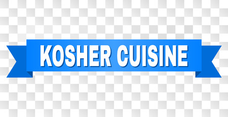 KOSHER CUISINE text on a ribbon. Designed with white title and blue stripe. Vector banner with KOSHER CUISINE tag on a transparent background.のイラスト素材