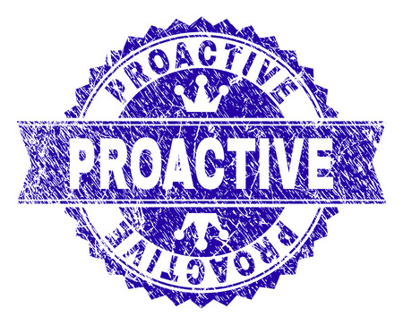 PROACTIVE rosette seal imprint with grunge style. Designed with round rosette, ribbon and small crowns. Blue vector rubber watermark of PROACTIVE tag with corroded style.のイラスト素材