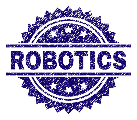 ROBOTICS stamp seal watermark with distress style. Blue vector rubber print of ROBOTICS caption with corroded texture.のイラスト素材