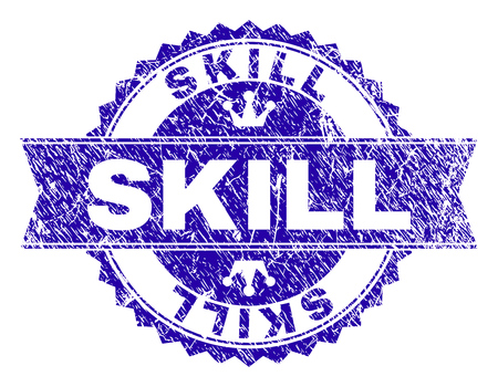 SKILL rosette stamp watermark with distress texture. Designed with round rosette, ribbon and small crowns. Blue vector rubber watermark of SKILL text with grunge texture.のイラスト素材