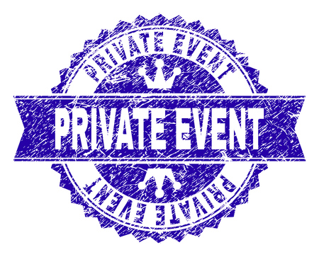 PRIVATE EVENT rosette seal imprint with distress style. Designed with round rosette, ribbon and small crowns. Blue vector rubber print of PRIVATE EVENT tag with corroded style.のイラスト素材