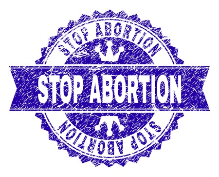 STOP ABORTION rosette seal watermark with grunge style. Designed with round rosette, ribbon and small crowns. Blue vector rubber watermark of STOP ABORTION caption with retro texture.のイラスト素材