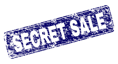 SECRET SALE stamp seal print with distress texture. Seal shape is a rounded rectangle with frame. Blue vector rubber print of SECRET SALE tag with corroded texture.のイラスト素材