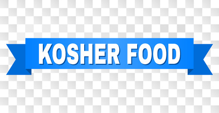 KOSHER FOOD text on a ribbon. Designed with white title and blue stripe. Vector banner with KOSHER FOOD tag on a transparent background.のイラスト素材