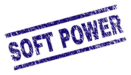SOFT POWER seal print with distress style. Blue vector rubber print of SOFT POWER text with unclean texture. Text label is placed between parallel lines.のイラスト素材