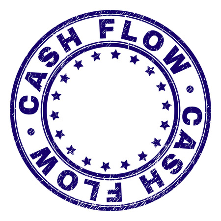 CASH FLOW stamp seal imprint with distress texture. Designed with circles and stars. Blue vector rubber print of CASH FLOW label with dust texture.のイラスト素材