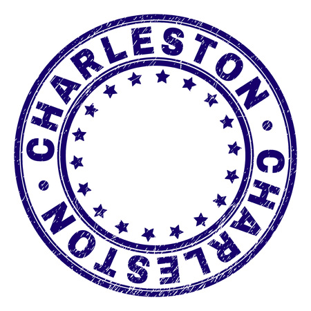 CHARLESTON stamp seal watermark with grunge texture. Designed with circles and stars. Blue vector rubber print of CHARLESTON caption with dirty texture.のイラスト素材