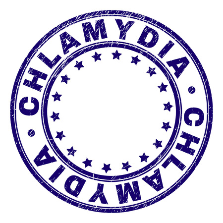 CHLAMYDIA stamp seal imprint with distress texture. Designed with round shapes and stars. Blue vector rubber print of CHLAMYDIA text with unclean texture.のイラスト素材