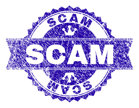 SCAM rosette stamp watermark with grunge effect. Designed with round rosette, ribbon and small crowns. Blue vector rubber watermark of SCAM title with grunge style.のイラスト素材