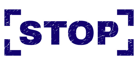 STOP tag seal print with distress texture. Text tag is placed inside corners. Blue vector rubber print of STOP with retro texture.のイラスト素材