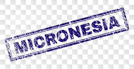 MICRONESIA stamp seal imprint with rubber print style and double framed rectangle shape. Stamp is placed on a transparent background. Blue vector rubber print of MICRONESIA title with unclean texture.のイラスト素材