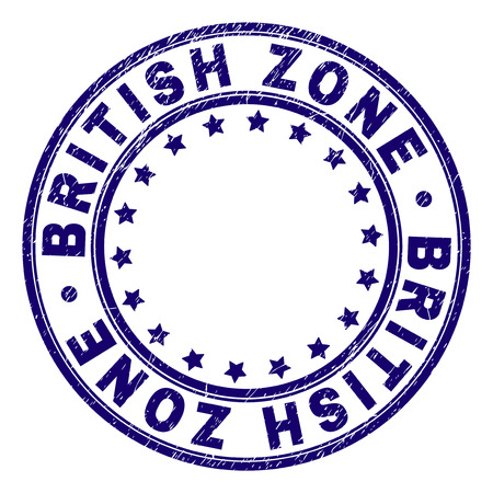 BRITISH ZONE stamp seal watermark with grunge style. Designed with circles and stars. Blue vector rubber print of BRITISH ZONE title with grunge texture.のイラスト素材
