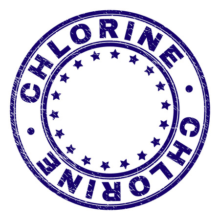 CHLORINE stamp seal imprint with distress texture. Designed with circles and stars. Blue vector rubber print of CHLORINE text with dirty texture.のイラスト素材