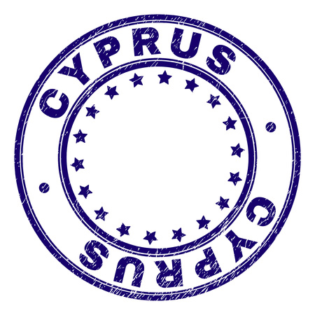 CYPRUS stamp seal watermark with grunge texture. Designed with round shapes and stars. Blue vector rubber print of CYPRUS caption with corroded texture.のイラスト素材