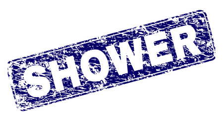 SHOWER stamp seal watermark with grunge style. Seal shape is a rounded rectangle with frame. Blue vector rubber print of SHOWER tag with grunge style.のイラスト素材