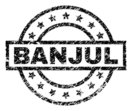 BANJUL stamp seal watermark with distress style. Designed with rectangle, circles and stars. Black vector rubber print of BANJUL caption with corroded texture.のイラスト素材
