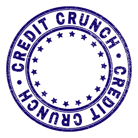 CREDIT CRUNCH stamp seal imprint with distress texture. Designed with circles and stars. Blue vector rubber print of CREDIT CRUNCH label with unclean texture.のイラスト素材