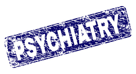 PSYCHIATRY stamp seal print with grunge style. Seal shape is a rounded rectangle with frame. Blue vector rubber print of PSYCHIATRY tag with unclean style.のイラスト素材