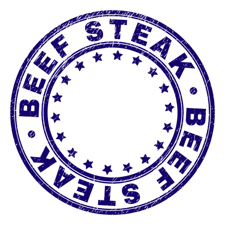 BEEF STEAK stamp seal watermark with grunge texture. Designed with round shapes and stars. Blue vector rubber print of BEEF STEAK text with unclean texture.のイラスト素材