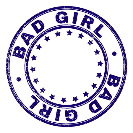 BAD GIRL stamp seal watermark with grunge texture. Designed with circles and stars. Blue vector rubber print of BAD GIRL label with unclean texture.のイラスト素材