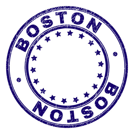 BOSTON stamp seal imprint with grunge texture. Designed with round shapes and stars. Blue vector rubber print of BOSTON label with grunge texture.のイラスト素材