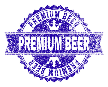 PREMIUM BEER rosette seal watermark with grunge effect. Designed with round rosette, ribbon and small crowns. Blue vector rubber watermark of PREMIUM BEER caption with grunge style.のイラスト素材