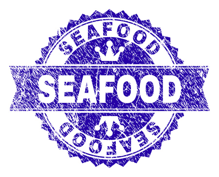SEAFOOD rosette seal overlay with grunge effect. Designed with round rosette, ribbon and small crowns. Blue vector rubber print of SEAFOOD caption with grunge texture.のイラスト素材