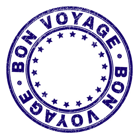 BON VOYAGE stamp seal watermark with grunge texture. Designed with circles and stars. Blue vector rubber print of BON VOYAGE caption with dirty texture.のイラスト素材