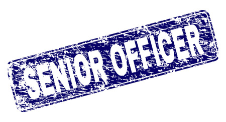 SENIOR OFFICER stamp seal print with grunge style. Seal shape is a rounded rectangle with frame. Blue vector rubber print of SENIOR OFFICER label with unclean style.のイラスト素材