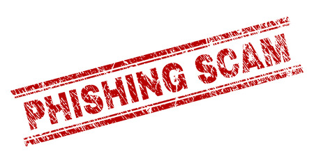 PHISHING SCAM seal print with grunge texture. Red vector rubber print of PHISHING SCAM caption with scratched texture. Text tag is placed between double parallel lines.のイラスト素材