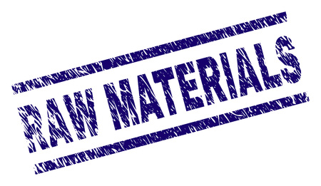 RAW MATERIALS seal print with scratced style. Blue vector rubber print of RAW MATERIALS text with corroded texture. Text title is placed between parallel lines.のイラスト素材