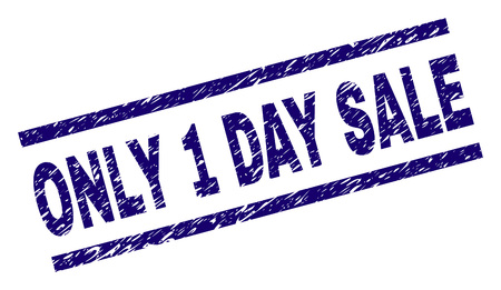 ONLY 1 DAY SALE seal print with grunge style. Blue vector rubber print of ONLY 1 DAY SALE title with dust texture. Text title is placed between parallel lines.のイラスト素材