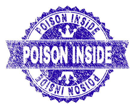 POISON INSIDE rosette stamp seal overlay with grunge style. Designed with round rosette, ribbon and small crowns. Blue vector rubber print of POISON INSIDE caption with grunge texture.のイラスト素材
