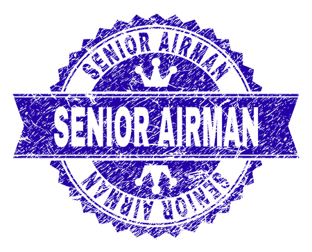 SENIOR AIRMAN rosette seal watermark with grunge style. Designed with round rosette, ribbon and small crowns. Blue vector rubber watermark of SENIOR AIRMAN caption with grunge style.のイラスト素材