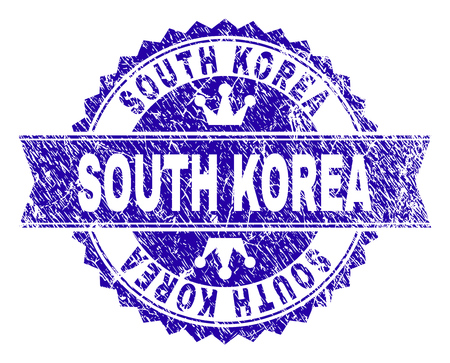 SOUTH KOREA rosette stamp watermark with distress texture. Designed with round rosette, ribbon and small crowns. Blue vector rubber watermark of SOUTH KOREA text with grunge texture.のイラスト素材