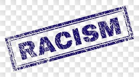RACISM stamp seal print with rubber print style and double framed rectangle shape. Stamp is placed on a transparent background. Blue vector rubber print of RACISM caption with dust texture.のイラスト素材