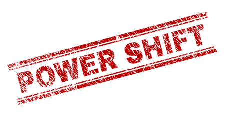 POWER SHIFT seal stamp with corroded style. Red vector rubber print of POWER SHIFT tag with corroded texture. Text tag is placed between double parallel lines.のイラスト素材