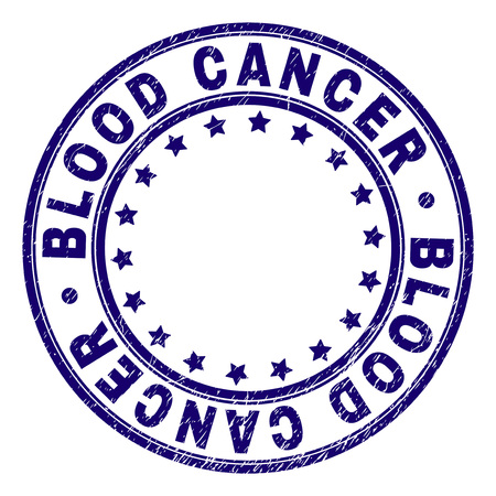BLOOD CANCER stamp seal imprint with distress texture. Designed with round shapes and stars. Blue vector rubber print of BLOOD CANCER title with retro texture.のイラスト素材